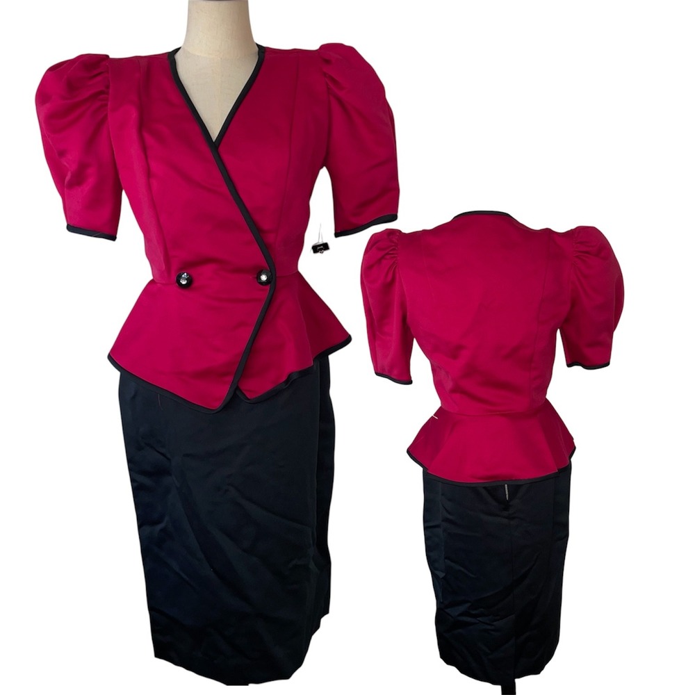Vintage Samantha Black Peplum Skirt Set Pink Black Puff Sleeve 80s Made in USA 6